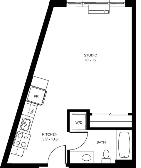 Floor plan for studio, 1 bath, 516 sqft